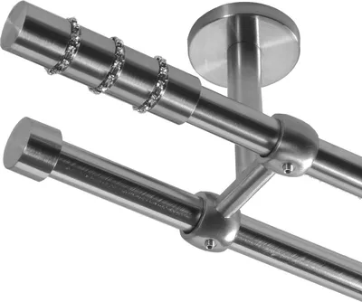 A close-up view of a double curtain rod system with ceiling mount.