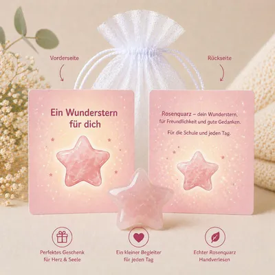 Produktbild von MilaBoo Wunderstern Rosenquarz zur Einschulung – Glücksstein mit Karte im Organzasäckchen, kleine Schultütenfüllung zum Schulstart