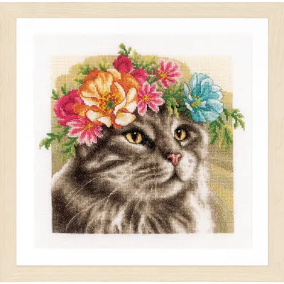 Image de Lanarte Kit de point de croix "Couronne de fleurs Maine Coon tissu à compter", motif à compter, 29x29cm