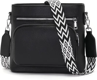 Productafbeelding van Middelgrote Dames Schoudertas Crossbody Tas met Brede Verstelbare Band - Zwart PolyurethanLeer