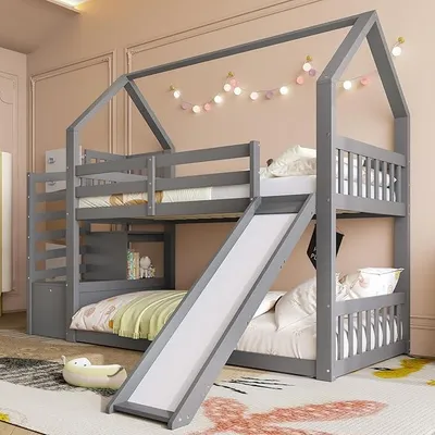 Produktbild von Etagenbett mit Stauraumtreppe und Rutsche, Hausbett(Ohne Matratze), Kinderbett mit Geländer, geeignet für Kinder, Jugendliche, 90x200cm, Grau