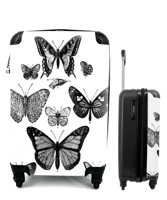 Produktbild von MuchoWow® Koffer Handgepäck Trolley Rollkoffer Kleine Reisekoffer mit 4 Rollen - Eine schwarz-weiße Illustration einiger Schmetterlinge - Cabin Size < 55x40x23 cm & 55x40x20 cm - Fotokoffer - Kabinenkoffer - Boardgepäck - Reise-Box - Reisekoffer - Reisegepäck - Koffer mit Bild - Trolley für Kinder