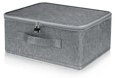 Image de Boîte de rangement avec serrure à combinaison, boîte verrouillable, panier de rangement gris, boîtes de rangement pliables avec couvercle pour le linge de lit, les vêtements, les jouets, les médicaments (38 × 25,5 cm)