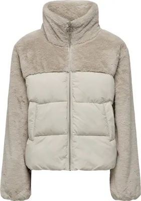 A studio shot of a beige and cream puffer jacket with faux fur accents.