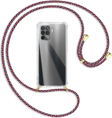 Produktbild von Handykette Backcover-Schutzhülle mit Band (Metall goldfarben) für Oppo Reno5 Lite (CPH2205, 6.43'') - silber/blau/rot