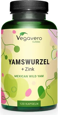 Produktbild von Vegavero Yamswurzel + Zink | 120 Kapseln | 500 mg Yamswurzel Extrakt (20:1) pro Kapsel | kombiniert mit Zink | vegan