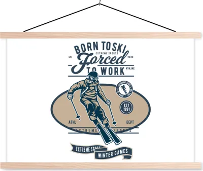 Produktbild von MuchoWow® Textilposter Skianzug - Vintage - Zitate 120x80 cm mit holzfarbenen Rahmen - Aufhängeset