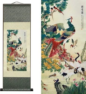 Image de Solidchoice - Décoration murale asiatique, rouleau de peinture représentant Cent Oiseaux, 91x30 cm