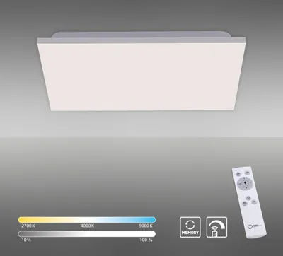A modern LED ceiling light with a rectangular design, shown against a neutral gray background. Below the light, there is a color temperature and brightness scale, along with icons representing memory and remote control functions. A white remote control is 