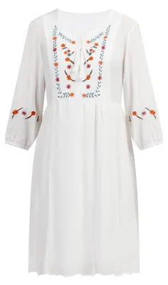 Produktbild von Damen Kleid in Weiß, XL, mit feiner Stickerei, V-Ausschnitt und langen Ärmeln im Boho-Stil