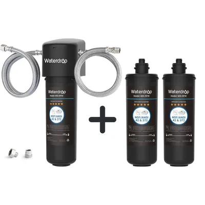 A water filter system with two replacement cartridges and connecting hoses, presented on a white background.