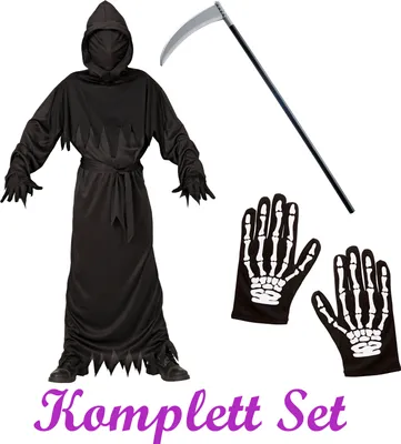 Produktbild von Kinder Komplett Set Sensenmann Kostüm + Skelett Handschuhe & Sichel # Gr. 140