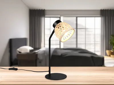 Produktbild von Skandinavische LED Schreibtischleuchte & Nachttischlampe Schirm Bambus, H:36cm