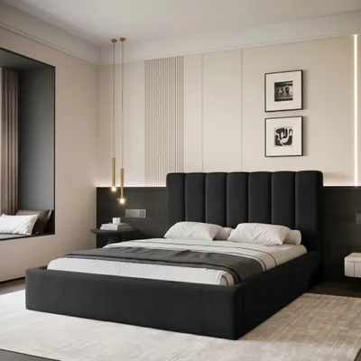 Productafbeelding van Gestoffeerd bed CIERO 140x200, zwart, met fluweelstof, inclusief bedlade en lattenbodem