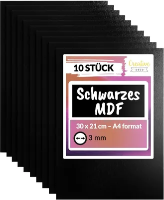 Produktbild von Creative Deco 10 x Schwarze A4 MDF Platten | 300 x 210 x 3 mm | Dünne Holz-Platten | Perfekt für Laser, CNC Router, Modellierung, Durchbrochenes, Laubsäge