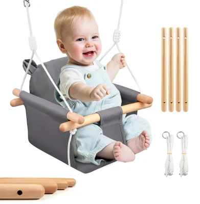 Productafbeelding van Babyschommel 25 kg, houten kinderschommel, grijs katoenen kussen, veiligheidsgordel, voor binnen