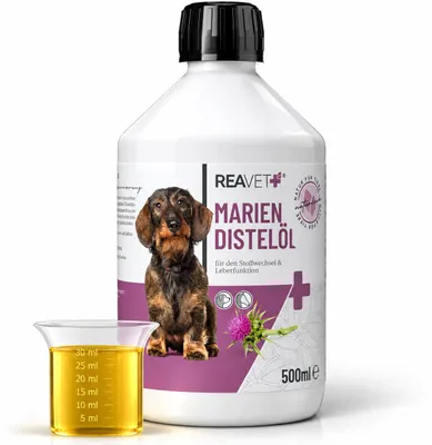 Produktbild von REAVET Mariendistelöl für Hunde & Pferde 500ml – Naturrein Barf Zusatz, Distelöl I Reich an Vitamin E, Omega-6, Omega-9