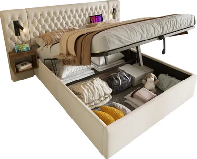 Produktbild von Sweiko Bettanlage Schlafzimmer Komplett Set,Polsterbett Hydraulisch Stauraumbett Doppelbett 180×200 cm mit 2 Nachttischen, Kopfteil Leselicht mit USB Ladefunktion, Beige, Samt(Ohne Matratze)