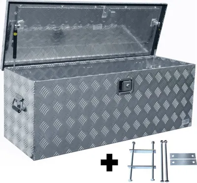 Produktbild von Edelstahlhaus Deichselbox D160, Alu Riffelblech, 160 Liter, 1085x370x400mm Außenmaß, Werkzeugbox, Anhängerkiste für PKW Anhänger Trikes Quads, Natur, gekantet, leicht, handgefertigt, vollverschweißte Nähte, inkl. Montagesatz MON2012