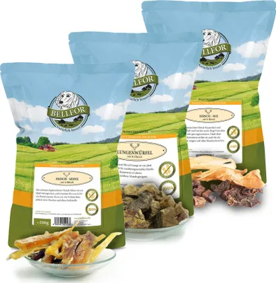 Zdjęcie produktu dla Bellfor zdrowe przysmaki dla psów z jelenia w zestawie ekonomicznym 600,00 g