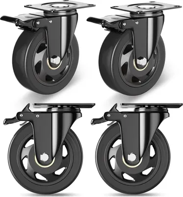 Immagine prodotto di set di 4 ruote piroettanti Ruote per mobili - Ruote in gomma per impieghi gravosi con freno - Diametro 12,5 cm - Silenziose e adatte al pavimento - Portata 680 kg - Nero