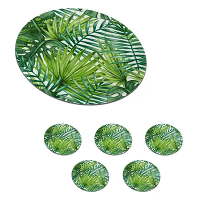 Obrázok produktu pre KitchenYeah® Podložky pod sklo Okrúhla sada 6 listov - palma - vzor 10x10 cm Podložky pod poháre - Podložky pod nápoje - Chrániče na stôl - Podložky pod poháre Stolové barové sklo