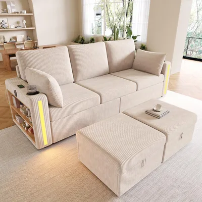 Produktbild von MODFU Modulares 3-Sitzer-Sofa mit 2 Hockern,Relaxsofa mit LED und USB/Type-C,Ecksofa mit Schubladen,Kissen und Armlehnen-Regal,Cord,Beige