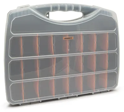 Productafbeelding van Opbergbox met compartimenten – Kunststof organizer met transparant deksel – 4 tot 25 verstelbare compartimenten – Stevige clips – 480 × 375 × 75 mm – Geschikt voor schroeven, onderdelen en werkplaatsorganisatie [10969]
