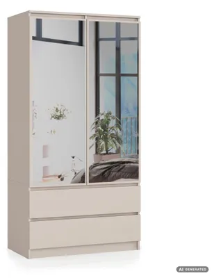 Produktbild von Kleiderschrank mit Spiegel S90 Kaschmir 90 cm 2 Türen 2 Schubladen 4 Regalböden B90xH180xT51 cm