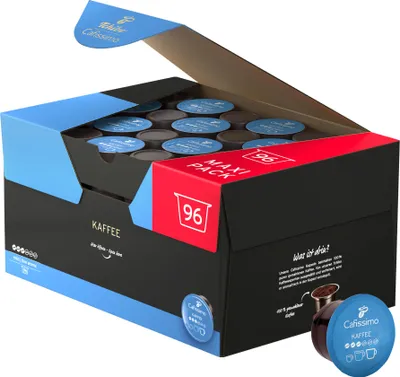 A box of coffee capsules, with some capsules shown outside the box.
