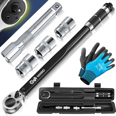 Produktbild von MASKO® Drehmomentschlüssel 6tlg. Set 40-210Nm 1/2 ' CV inkl. 3 Stecknüssen 17mm, 19mm, 21mm  und Verlängerung 125mm  inkl. Koffer +/- 4% Toleranz  Reifenschlüssel Auto Drehmoment-Schlüssel