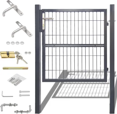 A gate and its hardware components are laid out against a white background.