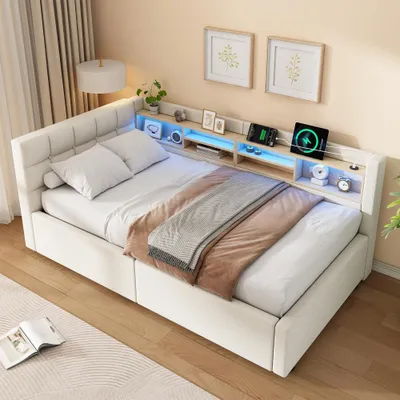 Zdjęcie produktu dla Daybett, wielofunkcyjna sofa wypoczynkowa z regulowanym oświetleniem LED i portem USB, wyposażona w praktyczne półki oraz przestrzeń do przechowywania z podnoszeniem hydraulicznym. Bez materaca, kolor beżowy, wymiary 90x200 cm