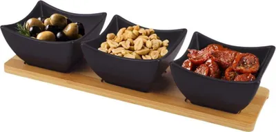 Produktbild von Orion | Snackschalen Set - Aus Porzellan - Schwarz - 4 Teile - 31,5 X 10 X 6,5 Cm - Bambusunterlage