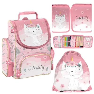 Produktbild von Schulset Katze Kätzchen 3-in-1 : Ergonomischer Rucksack, Federmäppchen mit Ausstattung und Schuhbeutel