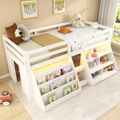 Produktbild von okwish Halbhohesbett 90x200 Kinderbett Bettgestell mit Einlegeböden zur Aufbewahrung,Jugendbett mit Geländer und Leiter aus Kiefernholz,ohne Matratze,Weiß