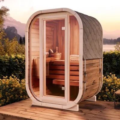 Produktbild von FinnTherm Fasssauna Ellipso S, Moderne Outdoor Sauna inkl. Dacheindeckung, Kompakte Gartensauna mit Glasfront, Außensauna: B 136 x T 119 x H 203 cm, 2 Personen