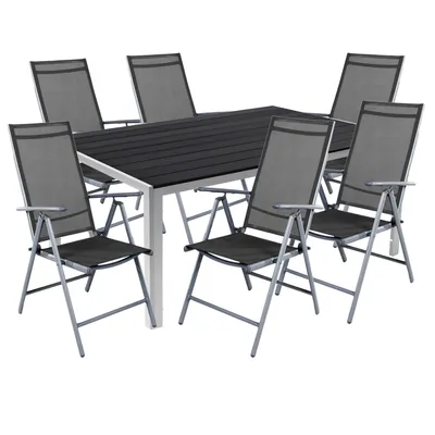 Produktbild von 7 teilige Gartengarnitur Alu Anthrazit Non-Wood 150x90cm + 6 Hochlehner mit Textilen