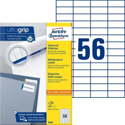 Image de Avery Zweckform 3668 Étiquettes universelles, 52,5 x 21,2 mm, 100 feuilles/5 600 étiquettes, blanc