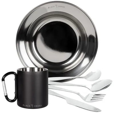 Produktbild von Black Snake® Edelstahl Karabiner Haken Thermo Tasse mit 'lunch' Camping Essbesteck inklusive tiefer Teller - 1 Person - Set