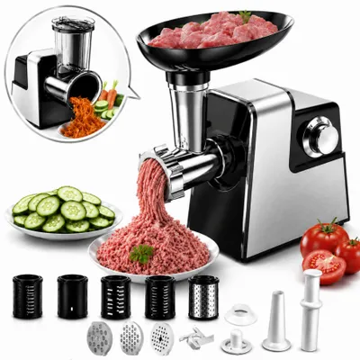 Produktbild von 2800W Elektrischer Fleischwolf, Käsereibe,2 in 1 Gemüseschneider mit 5 Scheibenklingen,3 Mahlplatten,Wurstfüller&Kubbe-Kit,für den Heimküchengebrauch