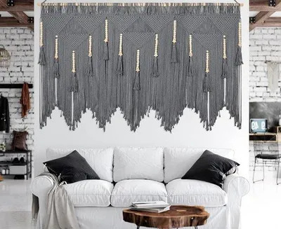 Productafbeelding van Famanu Macramé Wanddecoratie - Boho geometrisch design - handgemaakte wandtapijt met franjes - 167 cm x 112 cm