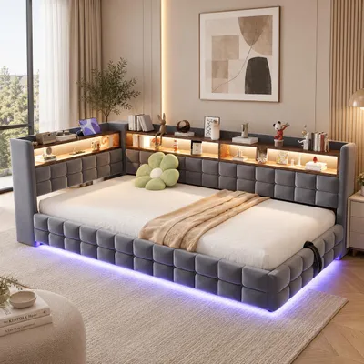 Obrázok produktu pre INONEFT Čalúnená posteľ s rozkladacou sedačkou, 90x200 cm, s LED osvetlením a USB portmi, hydraulická posteľ s úložným priestorom a opierkou, rám postele s latkovým roštom, tmavosivá farba