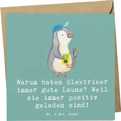 Produktbild von Mr. & Mrs. Panda Glückwunschkarte Positiver Elektriker - Meeresbrise - Geschenk, Techniker, handgefertigte Geschenke, Strom, Grußkarte, anlasskarte, doppelkarte, Berufe