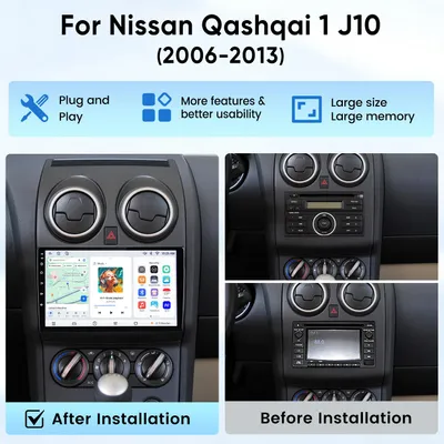 Immagine prodotto di 9" Autoradio Android 15 per Nissan Qashqai 1 (J10), modello dal 2006 al 2013, con 8+256G di memoria, compatibile con CarPlay e Android Auto, con funzionalità 4G, Wi-Fi, GPS, navigatore, Bluetooth, DSP e USB, e dotata di telecamera a 360°