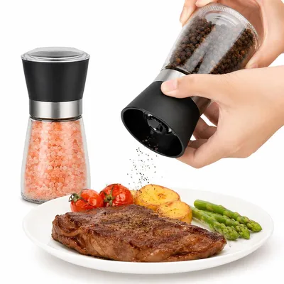 Produktbild von Salz und Pfeffermühle 2er Set aus Glas, Gewürzmühle mit einstellbarem Mahlwerk, nachfüllbar für Pfeffer, Salz und Gewürze, 180 ml