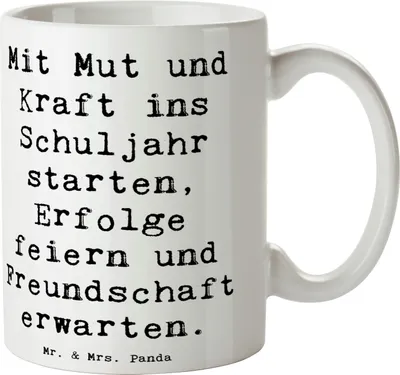 Produktbild von Mr. & Mrs. Panda Tasse Spruch Mutiger Schulanfang - Weiß - Geschenk, Zuversicht, Kaffeetasse, Erfolge, Erstklässler, Einschulung, Pott, Stärke, Schulbeginn, Teetasse