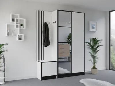 Produktbild von KIER FURNITURE Flurgarderobe Weiß, 158x205x39cm, mit Schuhschrank & Sitzbank, Push To Open System, 16mm Spanplatte, gepolstert/ungepolstert, Selbstmontage