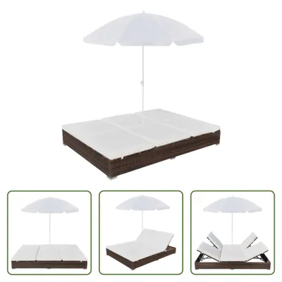 Produktbild von The Living Store Outdoor-Loungebett mit Sonnenschirm Poly Rattan Braun