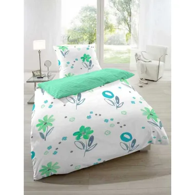 Produktbild von Magita Renforcé Bettwäsche Blumen Weiß Grün 100% Baumwolle Reißverschluss Bettbezug Kissenbezug Bettgarnitur Bettwäsche-Set 155x220 cm
